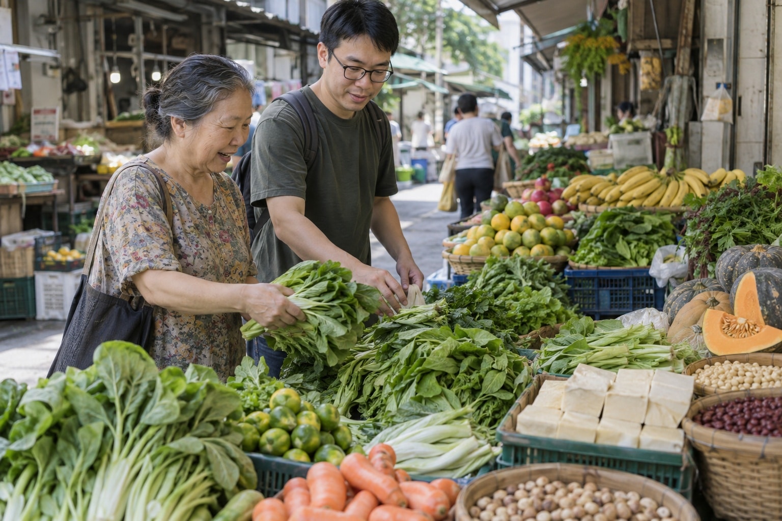 Two adults selecting vegetables, fruit, tofu and legumes at a Taipei market